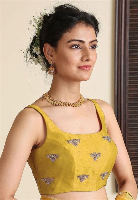 Embroidered Dupion Silk Blouse In Yellow Sleeveless Blouse Designs