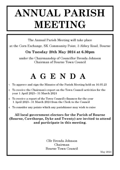 Agenda Annual Parish Meeting 28th May 2024 Bourne Town Council