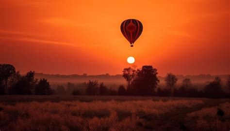 Premium AI Image Flying Hot Air Balloon Embraces Beautiful Sunset Generated By AI