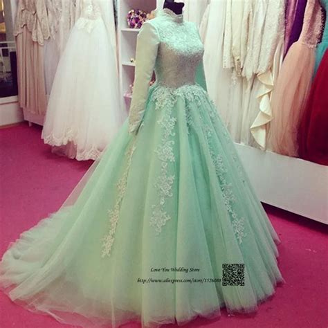 Mint Green Arab Muslim Wedding Dress Long Sleeve Lace Bride Dresses