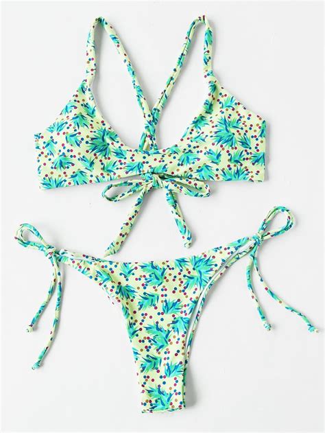 Shop Dot Plant Print Cross Back Bikini Set Online Shein Offers Dot