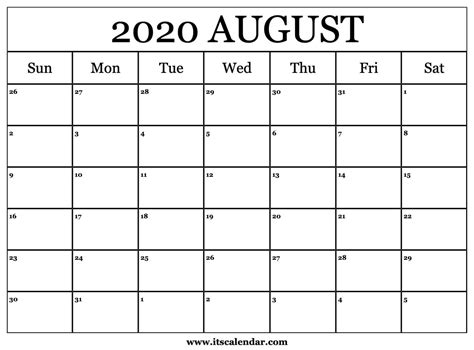 Printable August 2020 Calendar Calendar Printables Printable Images