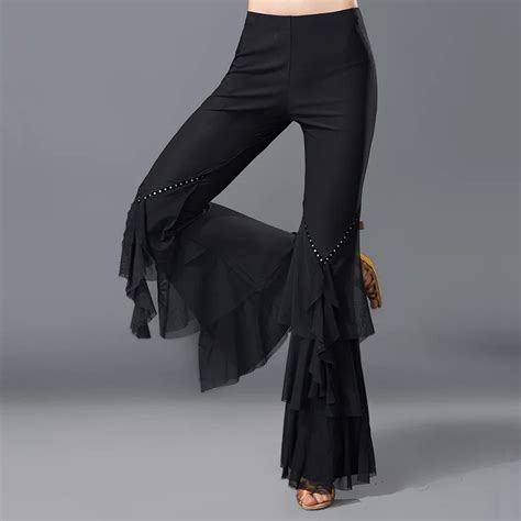 Adult High Waist Loose Rhinest Trousers Ladys Samba Rumba Training Ballroom Latin Dance Pants