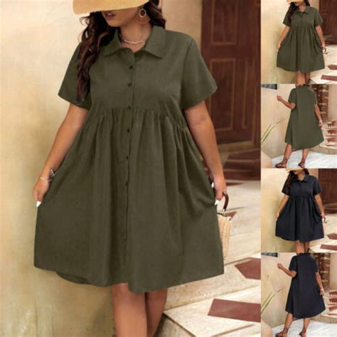 Plus Size Womens Button Shirts Dress Ladies Summer Holiday Casual Loose