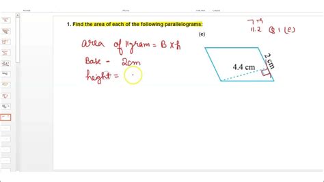 Find The Area Of Each Of The Following Parallelograms Base 2cm Height 44cm Class 7th Q1 E