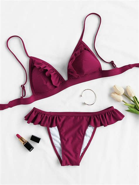 Frill Trim Triangle Bikini Set Shein Sheinside