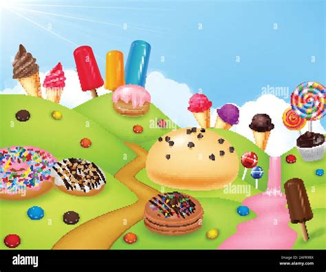 Sweet Candyland With Cupcake Ice Cream Donut And Lollipop Stock