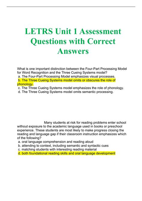 Letrs Unit Assessment Questions With Correct Answers Letrs Stuvia Us