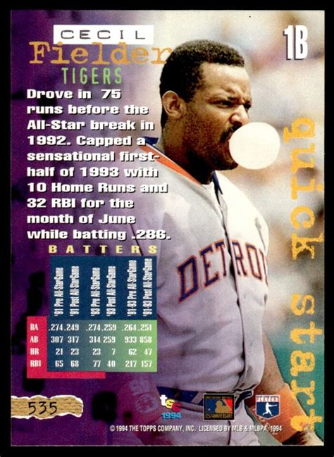 1994 Topps Stadium Club Quick Start 535 Cecil Fielder Detroit Tigers