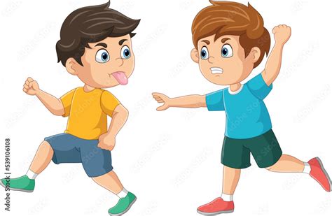 Cartoon Bad Boy Running With Showing Tongue And Grimacing Face To Angry Friend Vector De Stock