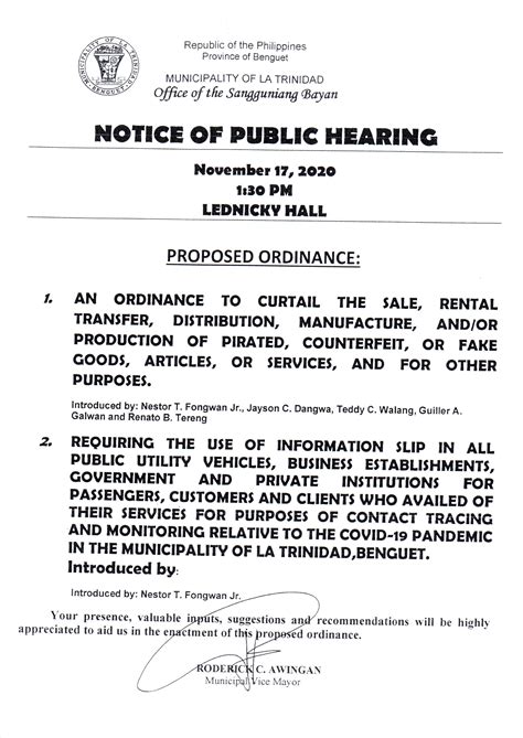 Notice of Public Hearing for Ordinances - La Trinidad