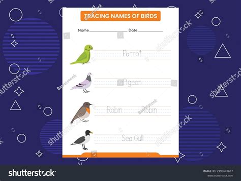 Trace Names Birds Handwriting Practice Preschool Stock Vector Royalty