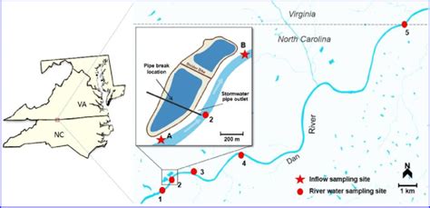 Map of the sampling sites along the Dan River (modified according to ...