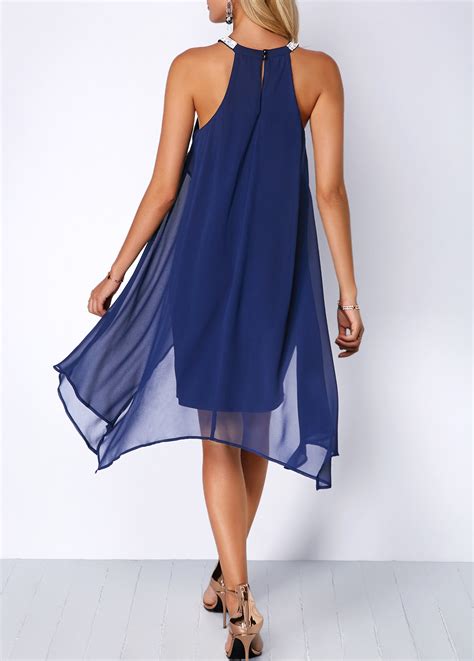 Blue Chiffon Overlay Embellished Neck Dress Rosewe Usd