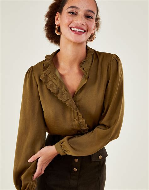 Satin Scallop Trim Blouse With Recycled Polyester Green