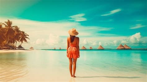 Una Mujer Con Un Vestido Rojo Se Encuentra En Una Playa Mirando Al