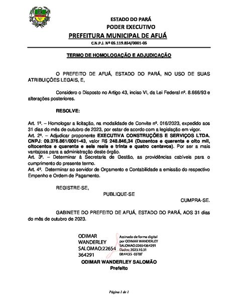 Termo De Homologa O E Adjudica O Prefeitura Municipal De Afu Pa