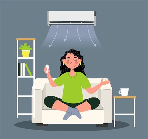 Premium Vector Girl Under The Air Conditioner Enjoys The Coolness Of