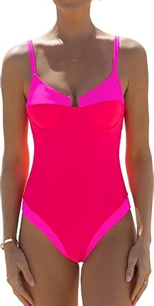 Amazon Popvil Color Block Neon Hot Pink One Piece Swimsuit For Women Slimming Bathing Suits