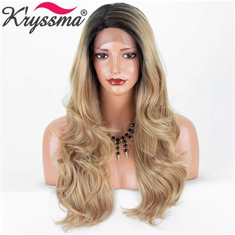 Kryssma Long Wavy Ombre Honey Blonde Synthetic Lace Front Wigs For