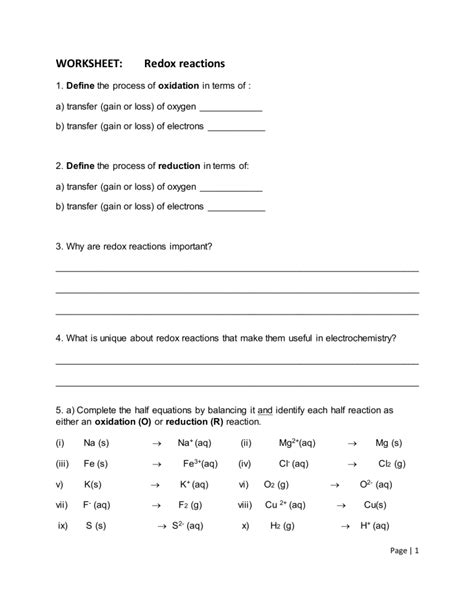 Redox Reactions Worksheet Oxidation And Reduction