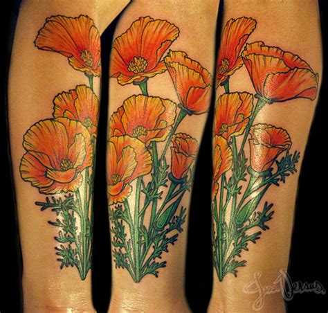 Bright Orange California Poppy Flower leg tattoo