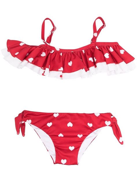 Monnalisa Heart Print Ruffled Bikini Red Farfetch Tw