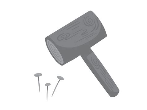 Grayscale Wooden Hammer And Iron Nail Vector Illustration Isolated On