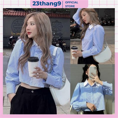 Áo sơ mi kẻ croptop áo sơ mi dáng ngắn tay bồng màu xanh chất thô hot trend phong cách hàn