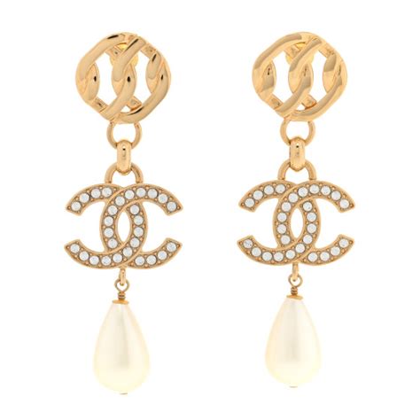 CHANEL Metal Crystal Pearl CC Drop Earrings Gold White 1401122