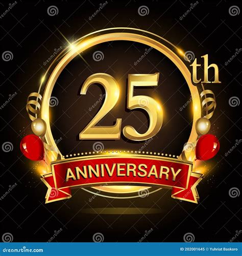 25th Anniversary Logo With Golden Ring Balloons And Red Ribbon Vector