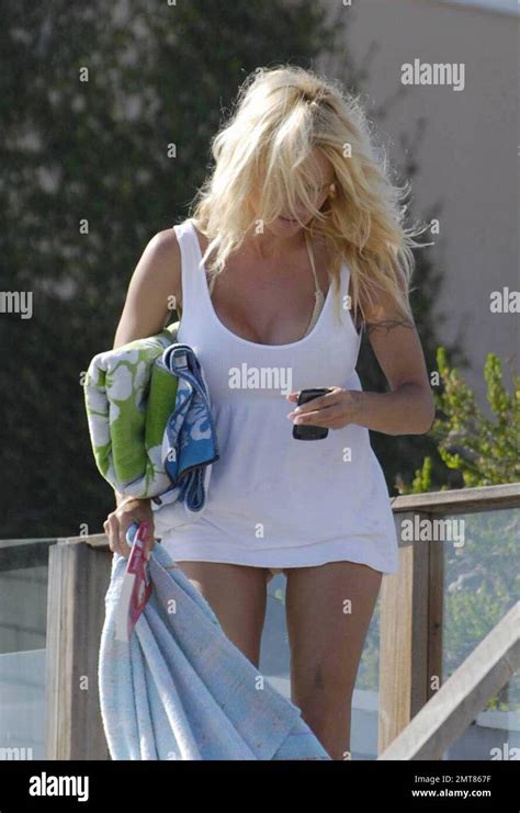 Baywatch Babe Pamela Anderson Tries To Hide From The Paparazzi Behind A Towel After Sunbathing