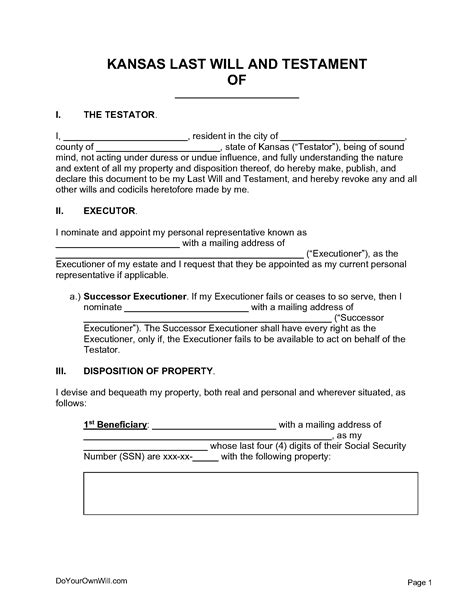 Free Kansas Last Will And Testament Form PDF WORD ODT