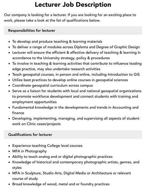 Lecturer Job Description | Velvet Jobs