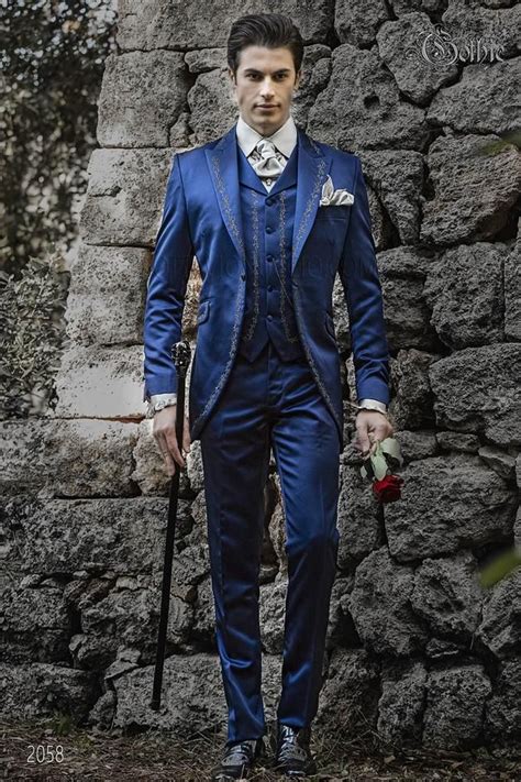 Ongala 2058 Blue Gothic Wedding Groom Suit In Satin With Silver