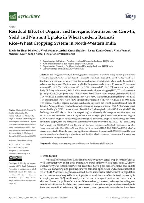 Pdf Residual Effect Of Organic And Inorganic Fertilizers On Growth Yield And Nutrient Uptake