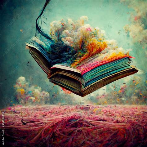 Open book with beautiful colorful clouds and dust coming out of pages ...