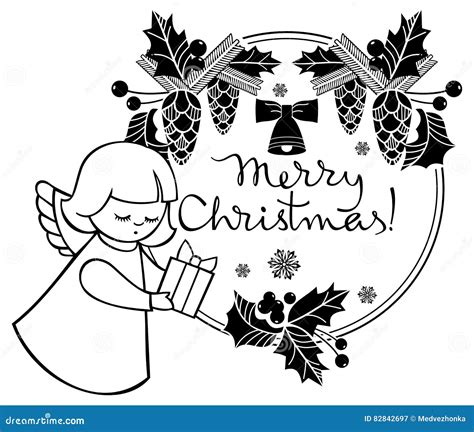 Black and White Christmas Frame with Cute Angel. Stock Illustration ...