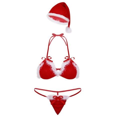 Freebily Pcs Ensemble de Lingerie Noël Femme Sexy Rouge Déguisement Mère Noël Top Soustien