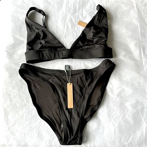 Skims Swim Skims Set Recycled Swim Plunge Bikini Top Mid Coverage Bottom Onyx Black Nwt M