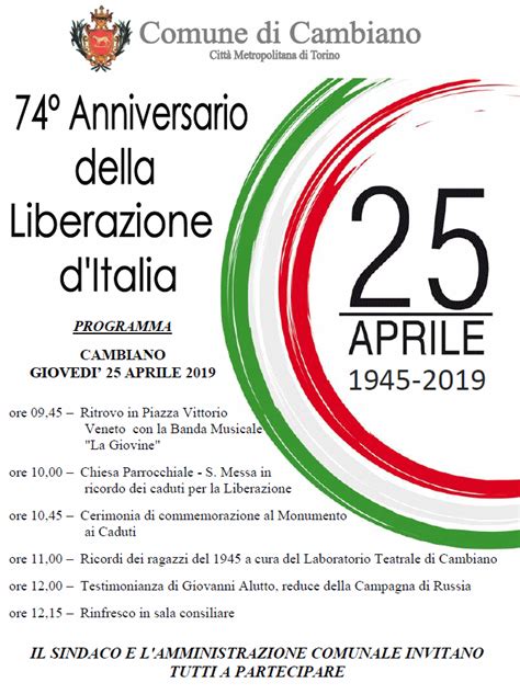 25 Aprile 74° Anniversario Della Liberazione Ditalia Comune Di Cambiano