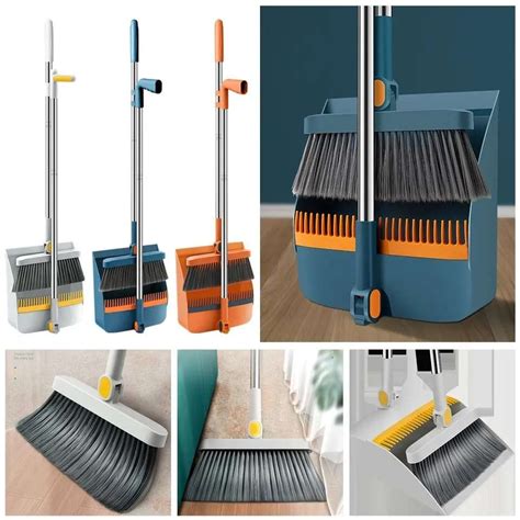 In Rotatable Foldable Sweeper Broom Dustpan Set Tangle Hair Outdoor