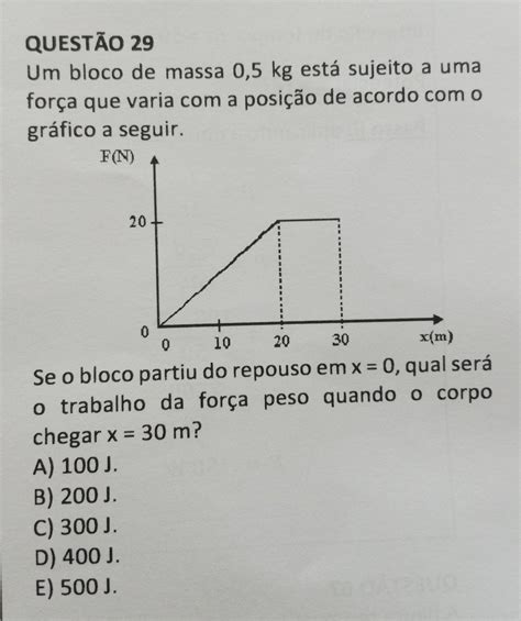 QUESTÃO 29 Um bloco de massa 0 5 kg está sujeito a uma força que varia