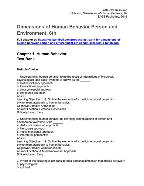 Test Bank For Dimensions Of Human Behavior Person And Environment 6th