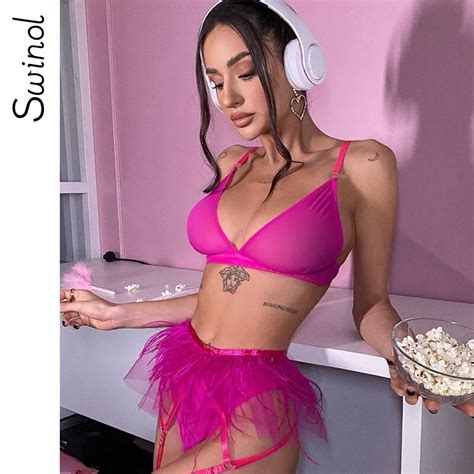 Jual Preorder Swinol Pink Female Piece Lingerie Garters With Feather