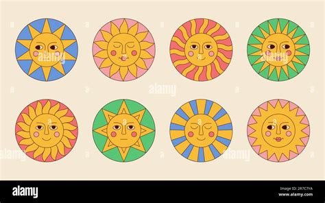 Collection Of Groovy Sun Cartoon Characters With Funny Faces In Retro