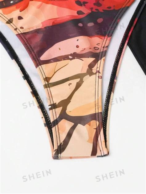 Shein Swim Vcay Butterfly Print One Shoulder Bikini Swimsuit With Beach Skirt Women S Store