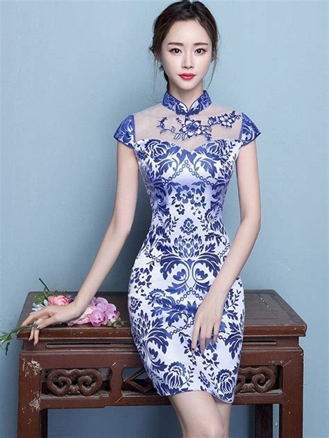 Short Qipao Cheongsam Dress In Blue And White Floral Print Cheongsam