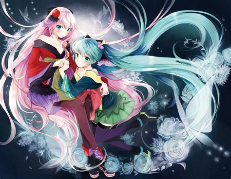 2girls Aqua Hair Butterfly Flowers Hatsune Miku Kaedena Akino Megurine Luka Pink Hair Thighhighs