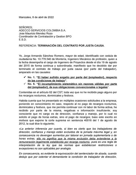 Terminacion Del Contrato Con Justa Causa Causal Rev 2 Manizales 8 De Abril De 2022 SeÑores